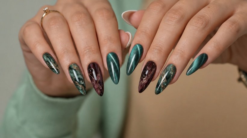Green cat-eye nail set