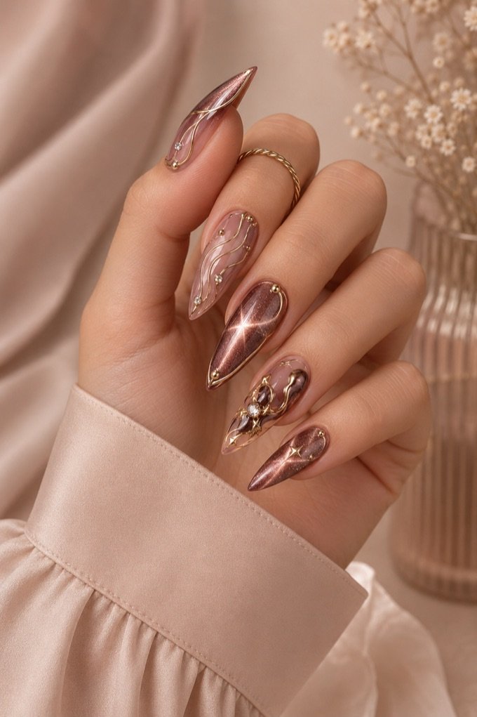 Bronze cat-eye stiletto nail design